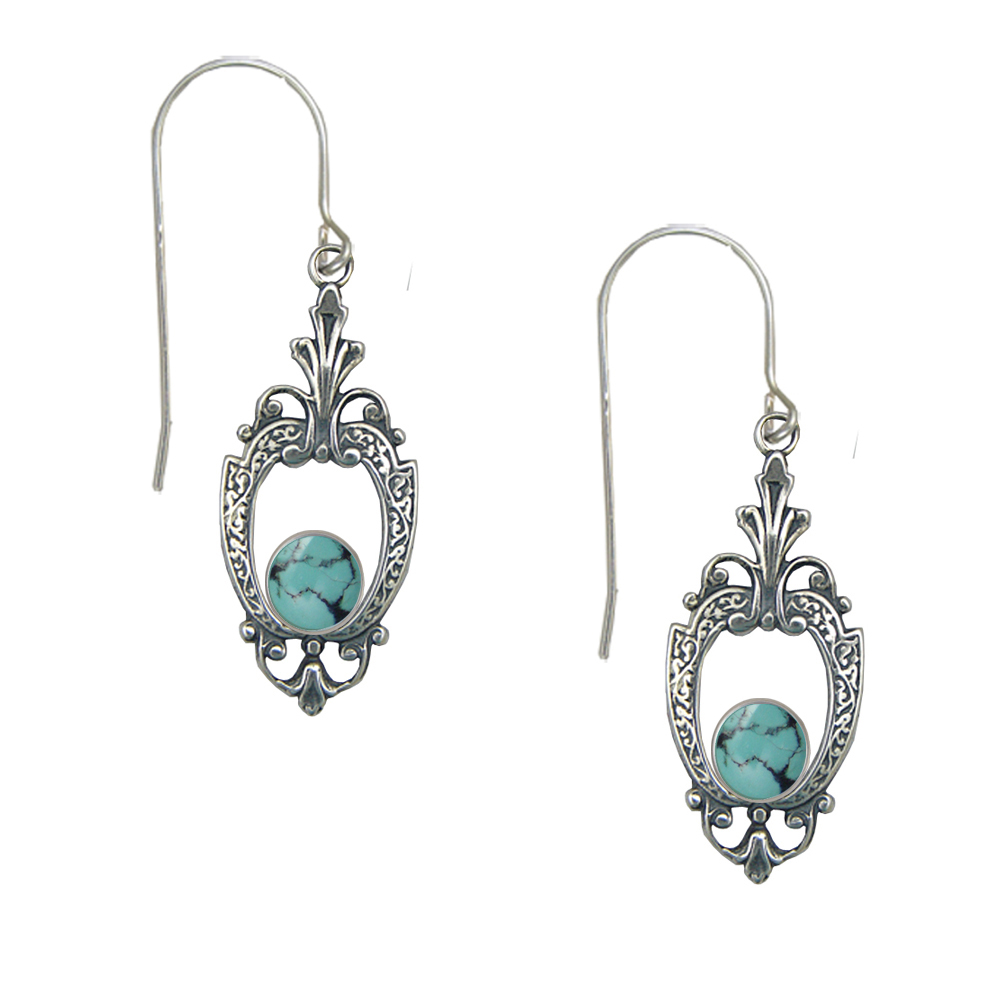 Sterling Silver Victorian Chinese Turquoise Drop Dangle Earrings